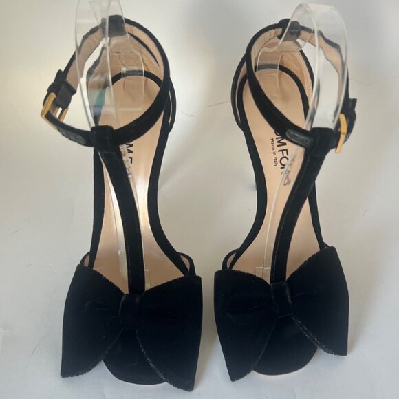 Tom Ford Brigitte Bow Sandals Velvety Black Stiletto Heels Women Size 36 US5 - Picture 8 of 16